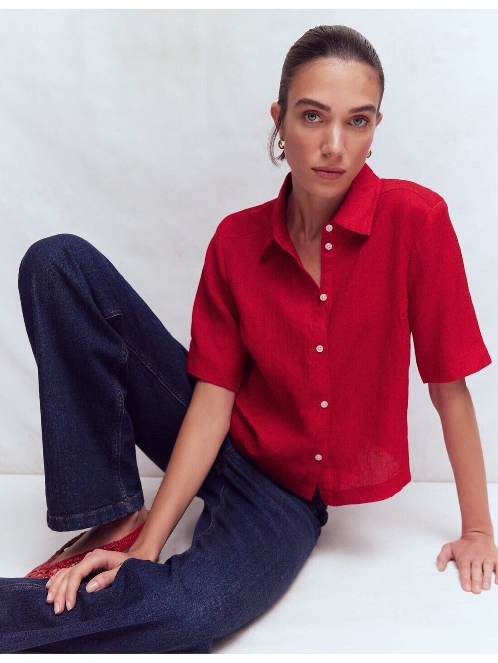 Boden Red Linen Short Sleeve Button Up Top Shirt Size 4 Small S NEW Cropped